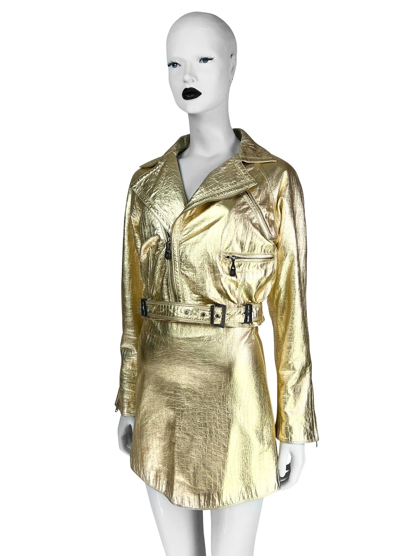 Gianni Versace Fall 1994 Metallic Gold Mock Croc Embossed Leather Motorbike Jacket & Mini Skirt Ensemble