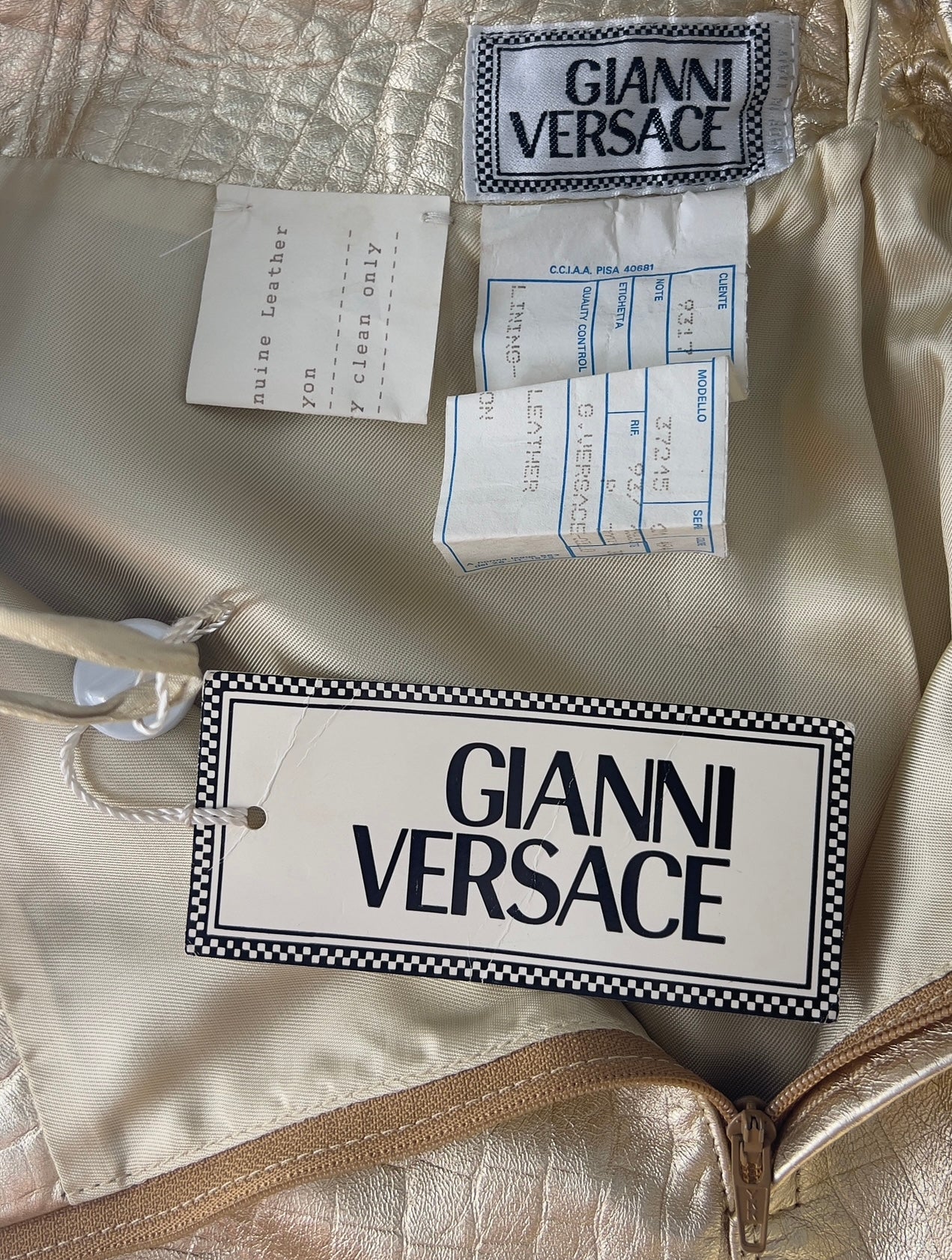 Gianni Versace Fall 1994 Metallic Gold Mock Croc Embossed Leather Motorbike Jacket & Mini Skirt Ensemble