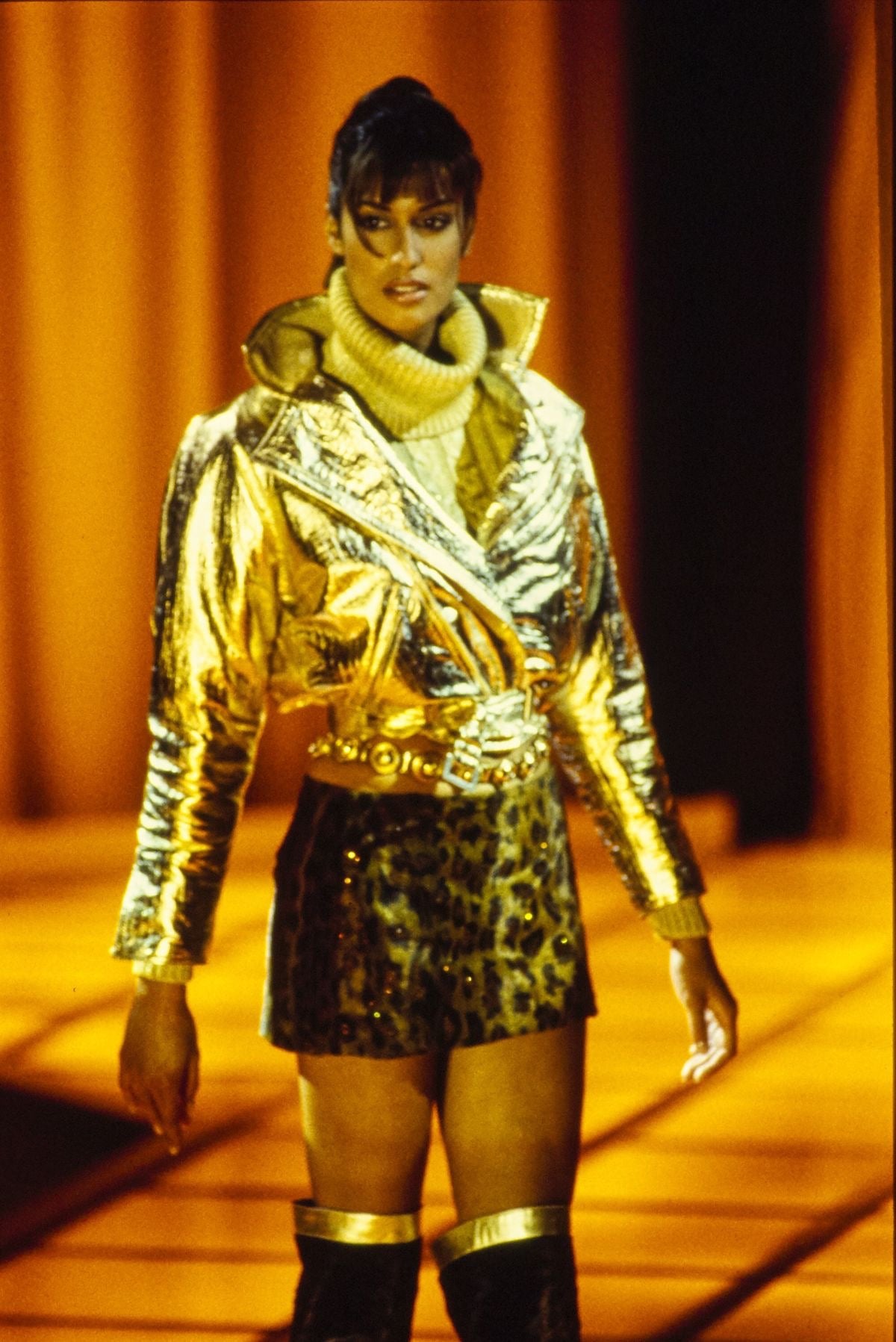 Gianni Versace Fall 1994 Metallic Gold Mock Croc Embossed Leather Motorbike Jacket & Mini Skirt Ensemble