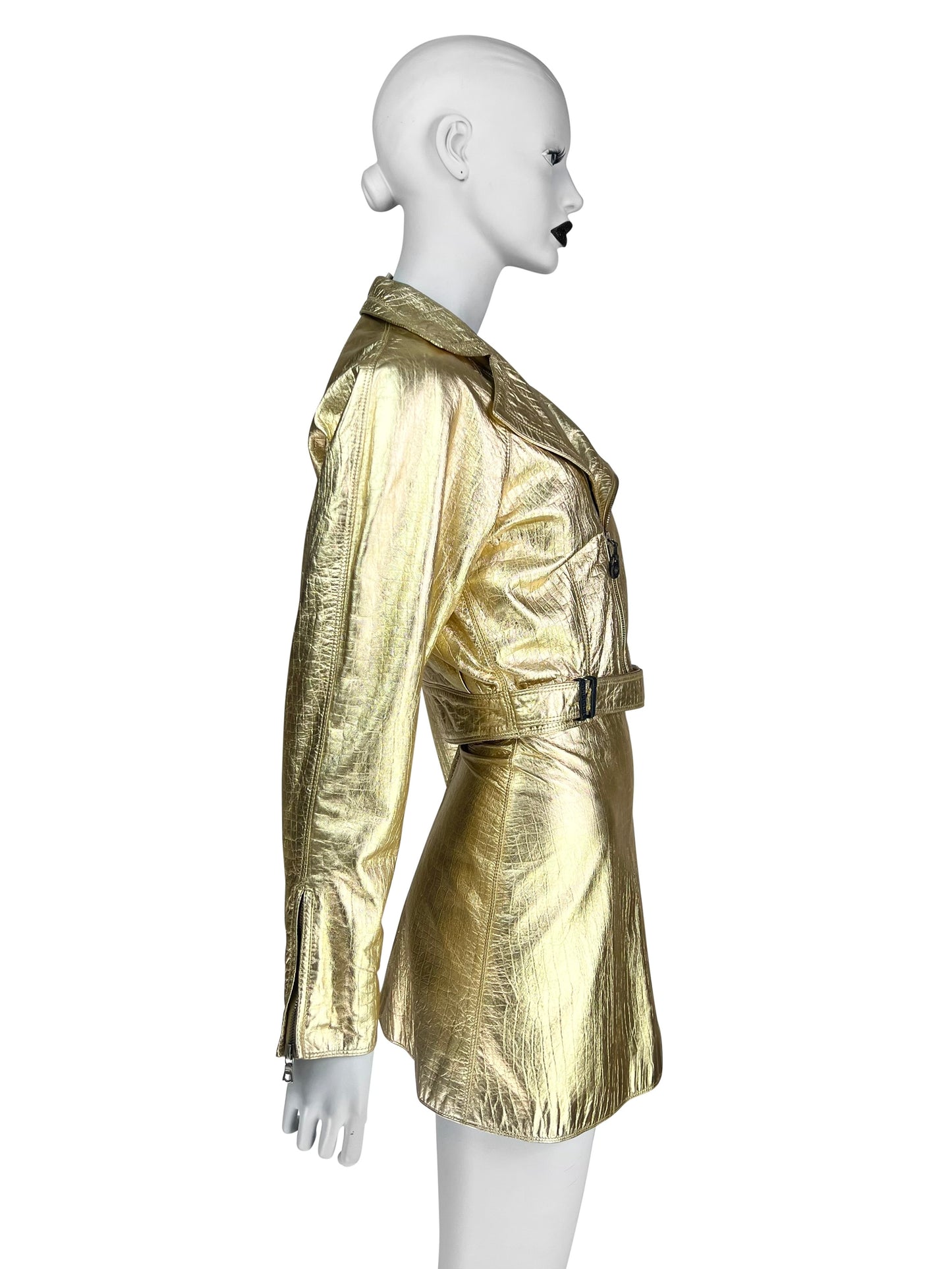 Gianni Versace Fall 1994 Metallic Gold Mock Croc Embossed Leather Motorbike Jacket & Mini Skirt Ensemble