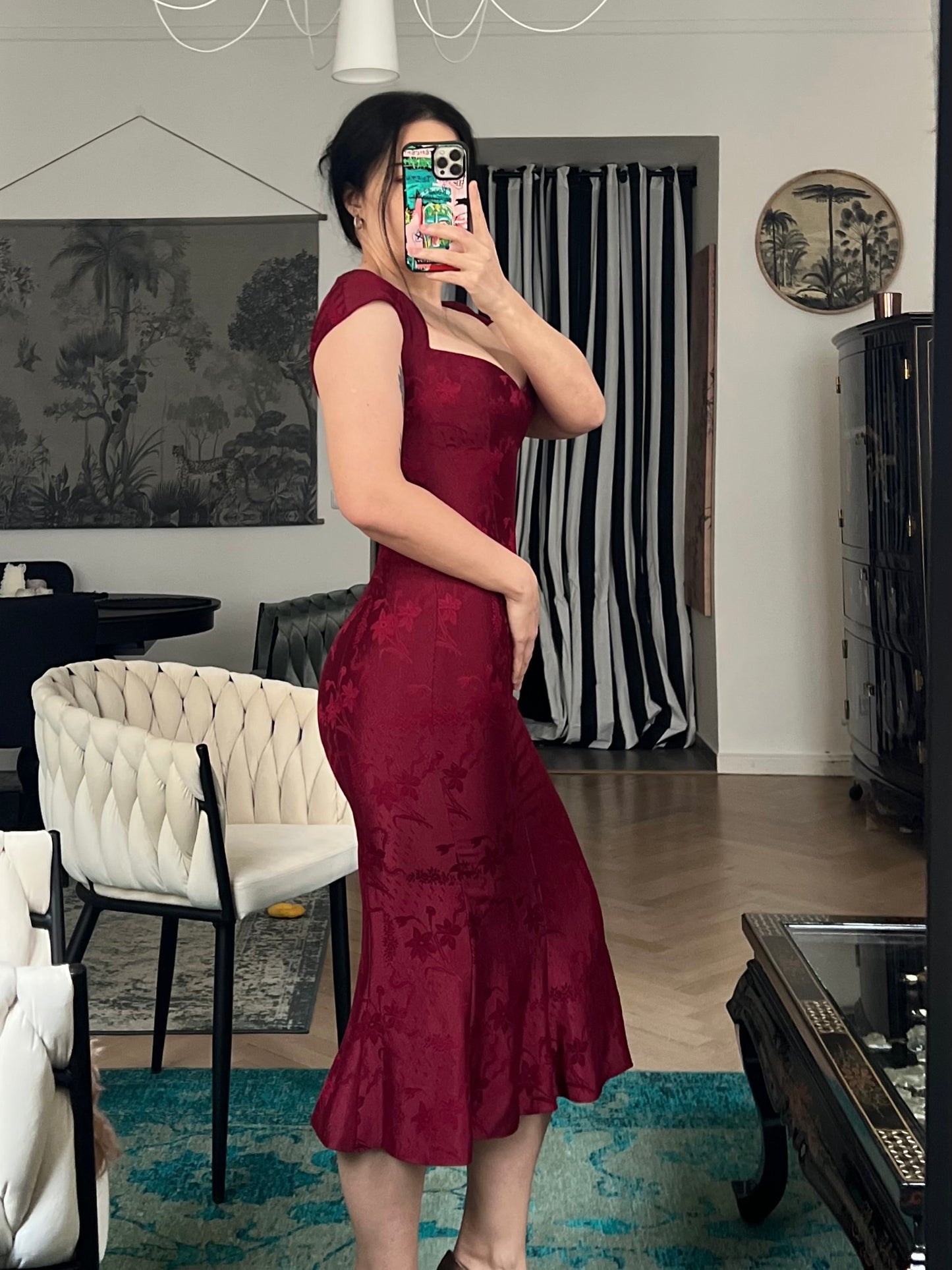 John Galliano Spring 1998 Wine Red Sweetheart Midi Dress