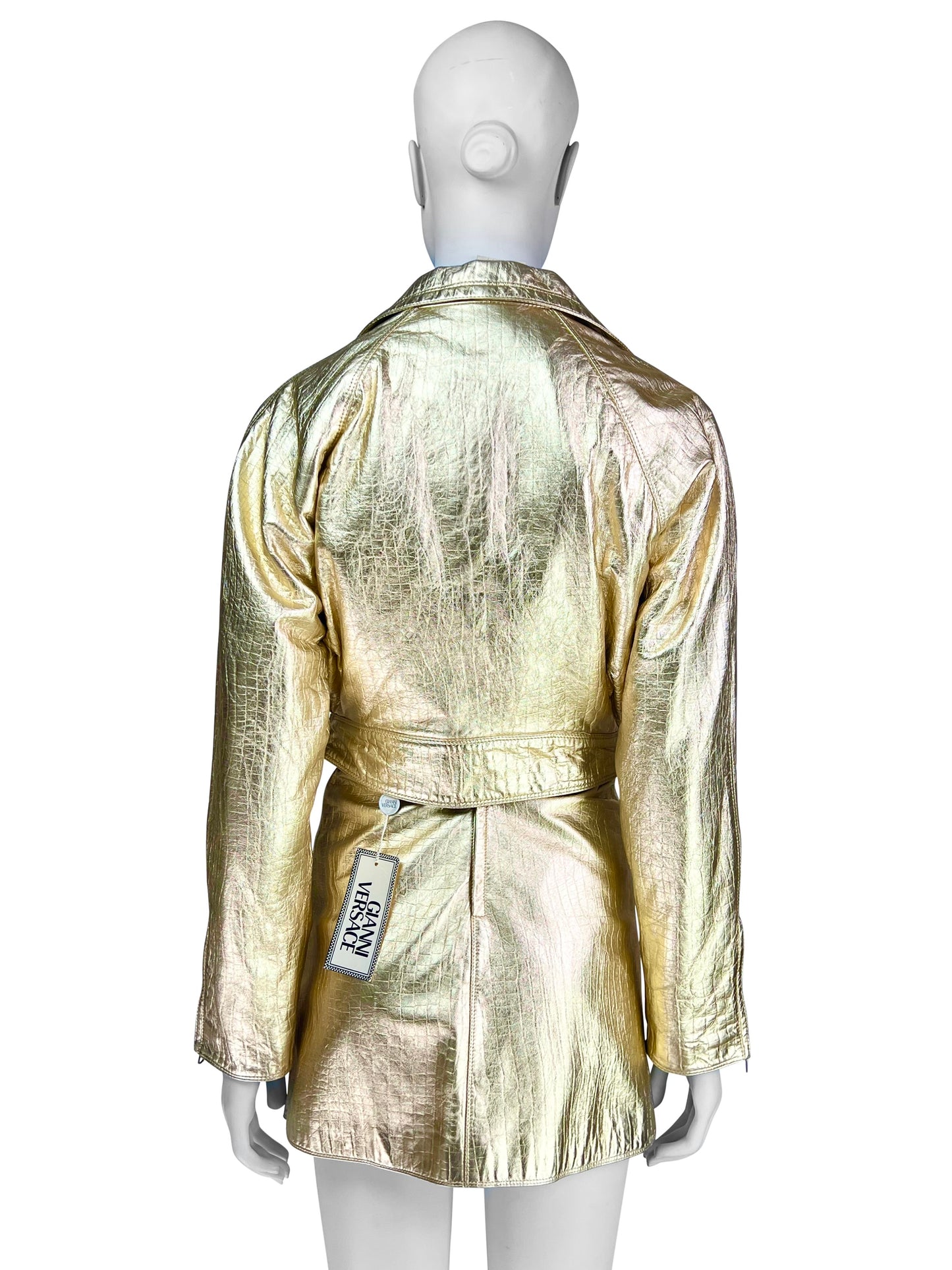 Gianni Versace Fall 1994 Metallic Gold Mock Croc Embossed Leather Motorbike Jacket & Mini Skirt Ensemble