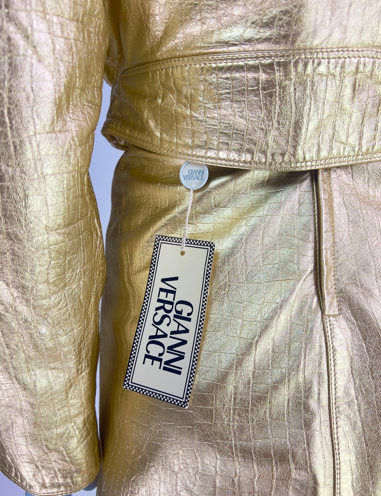 Gianni Versace Fall 1994 Metallic Gold Mock Croc Embossed Leather Motorbike Jacket & Mini Skirt Ensemble