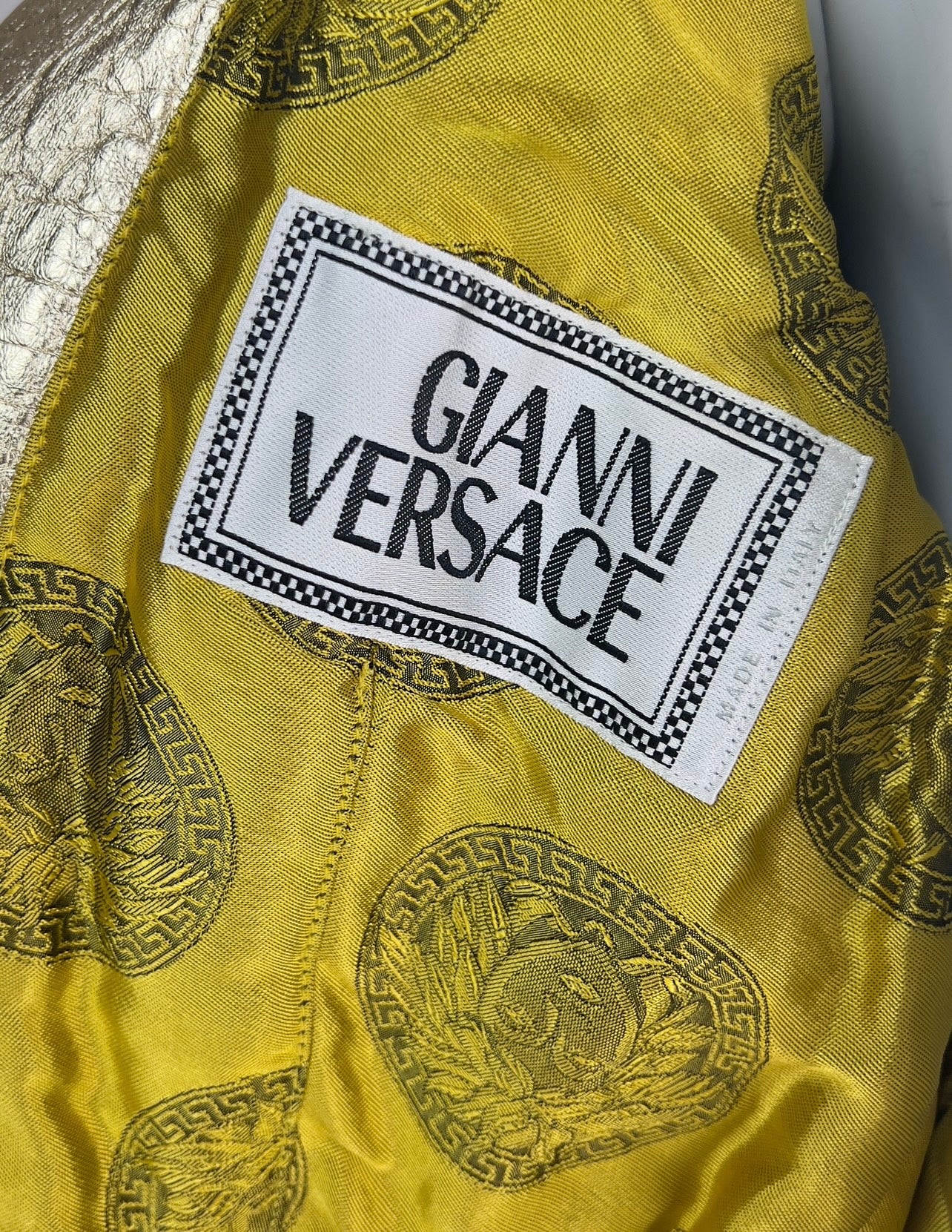 Gianni Versace Fall 1994 Metallic Gold Mock Croc Embossed Leather Motorbike Jacket & Mini Skirt Ensemble