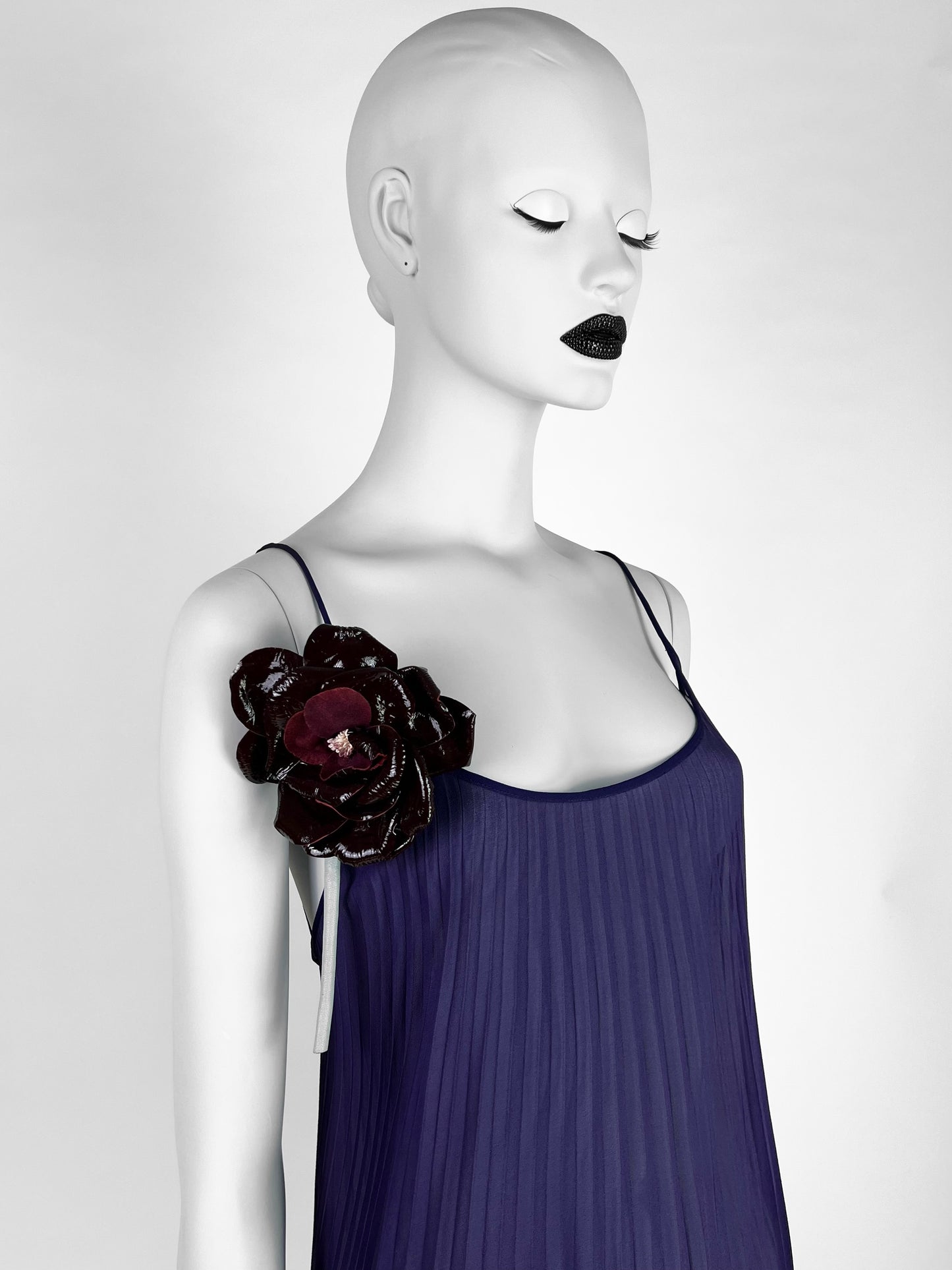 Dolce & Gabbana Fall 2000 Purple Pleated Silk Dress with Leather Flower & Matching Stola