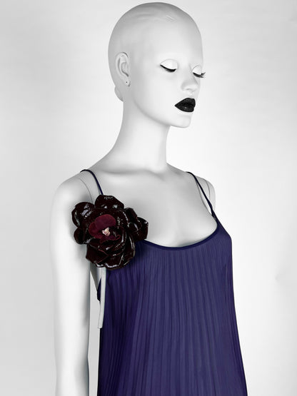 Dolce & Gabbana Fall 2000 Purple Pleated Silk Dress with Leather Flower & Matching Stola