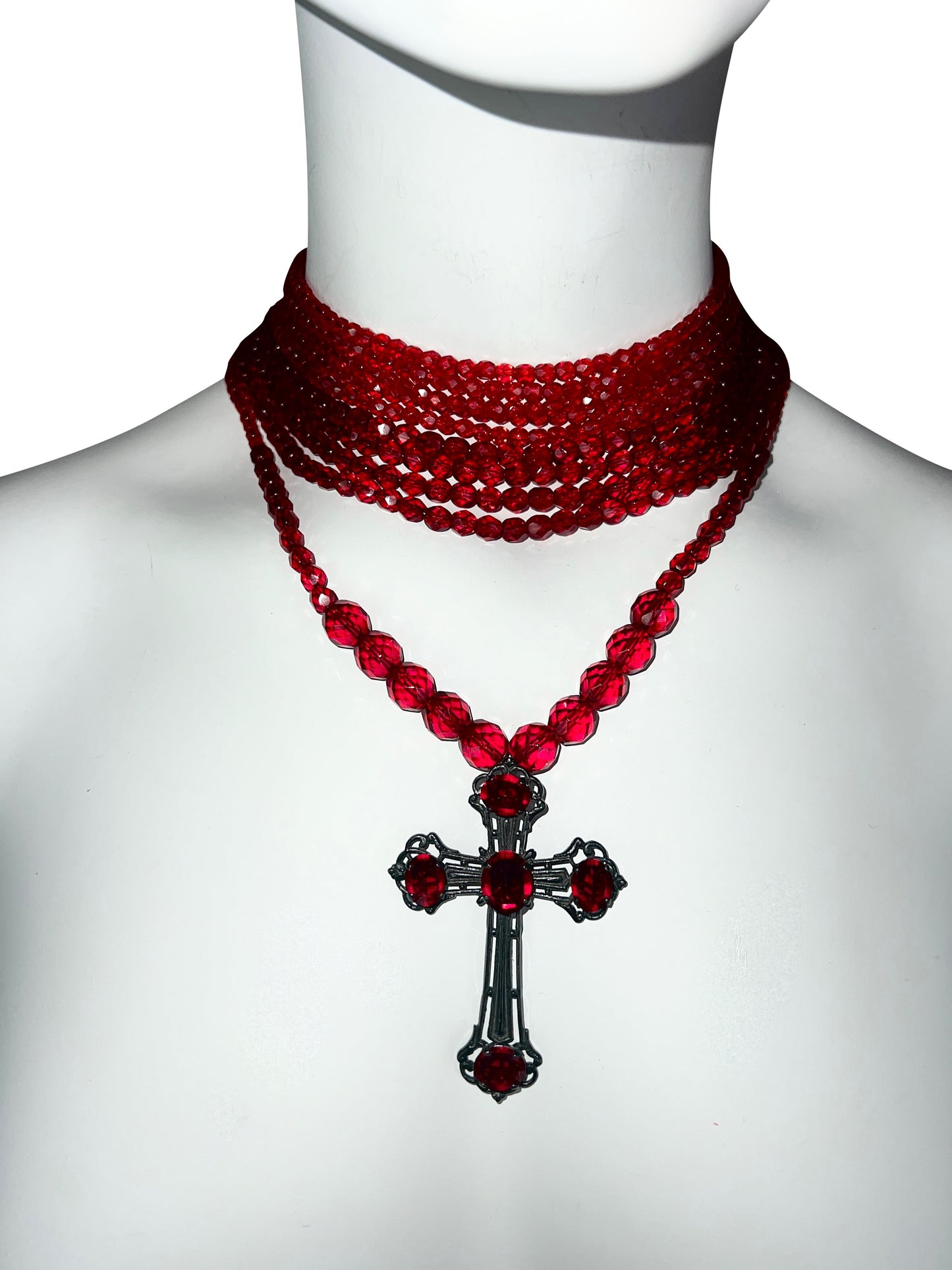 Jean-Paul Gaultier Fall 1998 Red Glass Bead Multi-Strand Choker Necklace with Cross