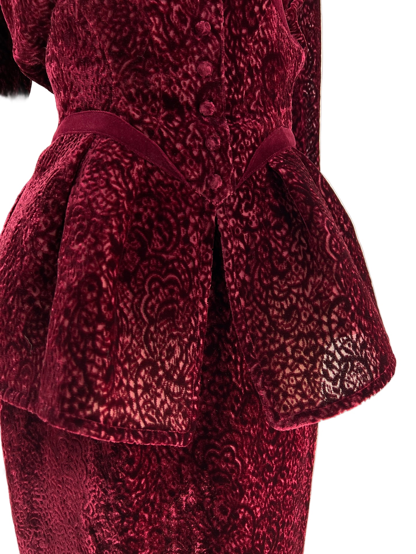 Thierry Mugler Fall 1995 Wine Red Devoré Velvet Lace Skirt Suit