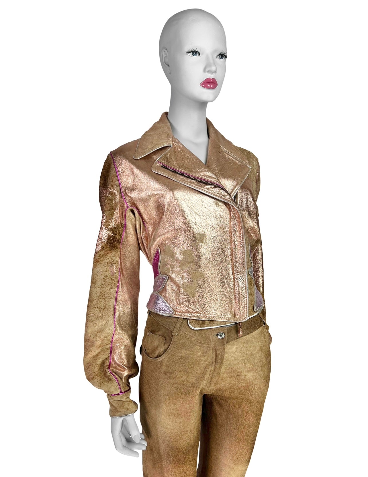 Roberto Cavalli Spring 2002 Rose Gold Suede Leather Moto Jacket
