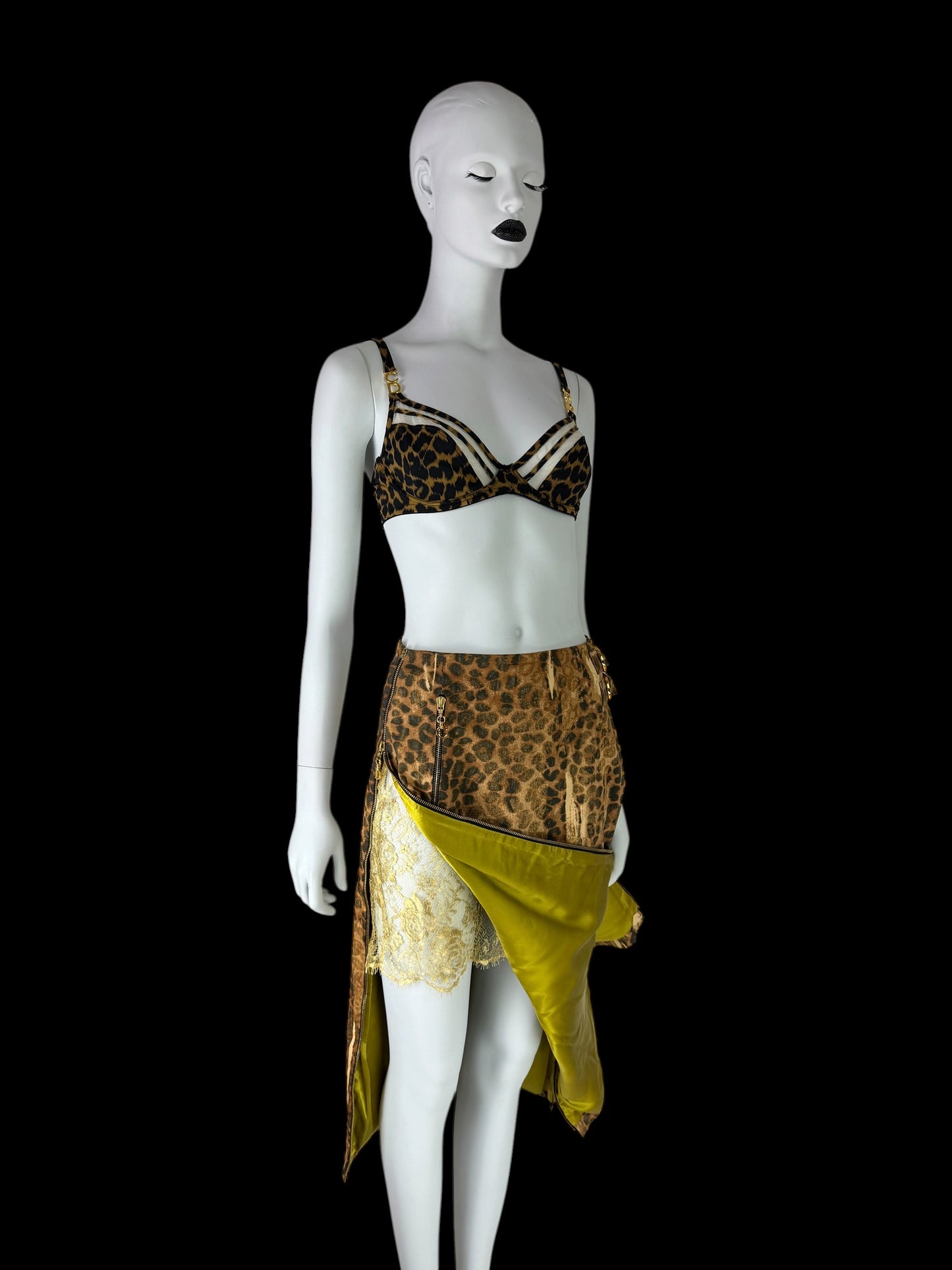 Dior by John Galliano Fall 2000 Layered Leopard Print Denim and Lace Skirt