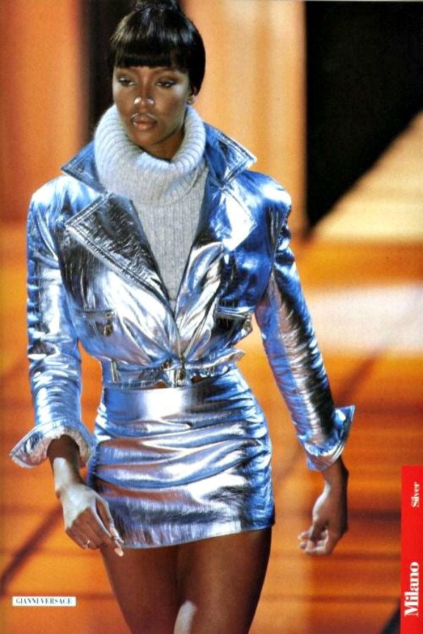Gianni Versace Fall 1994 Metallic Gold Mock Croc Embossed Leather Motorbike Jacket & Mini Skirt Ensemble