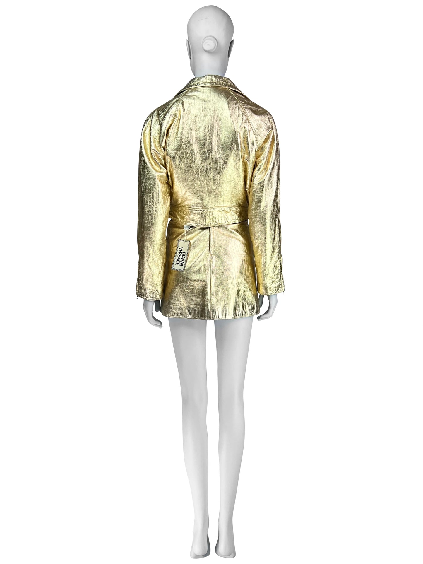 Gianni Versace Fall 1994 Metallic Gold Mock Croc Embossed Leather Motorbike Jacket & Mini Skirt Ensemble