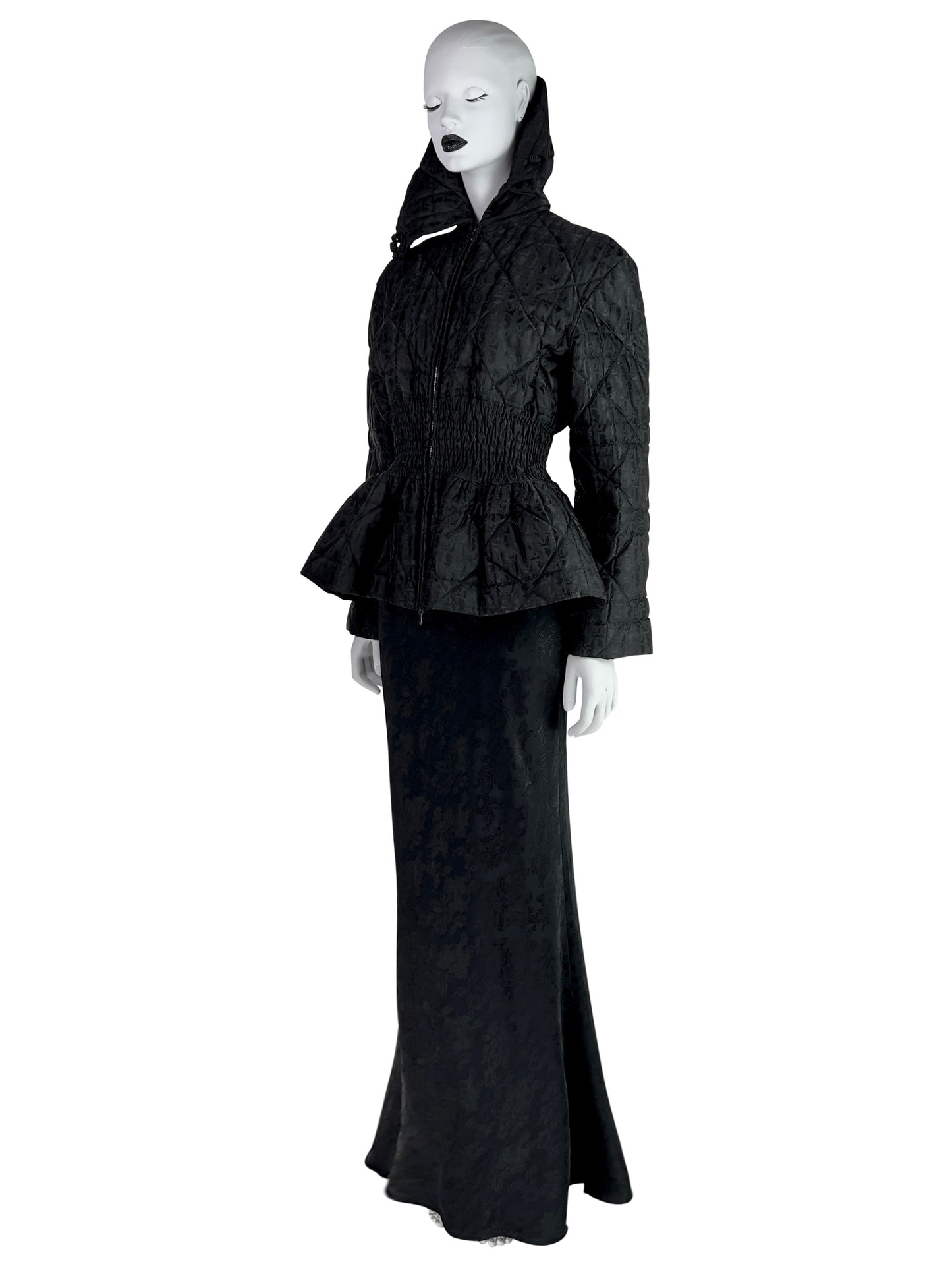 Dior by John Galliano Fall 1998 Black Peplum Monogram Jacket and Jacquard Evening Skirt Runway Ensemble