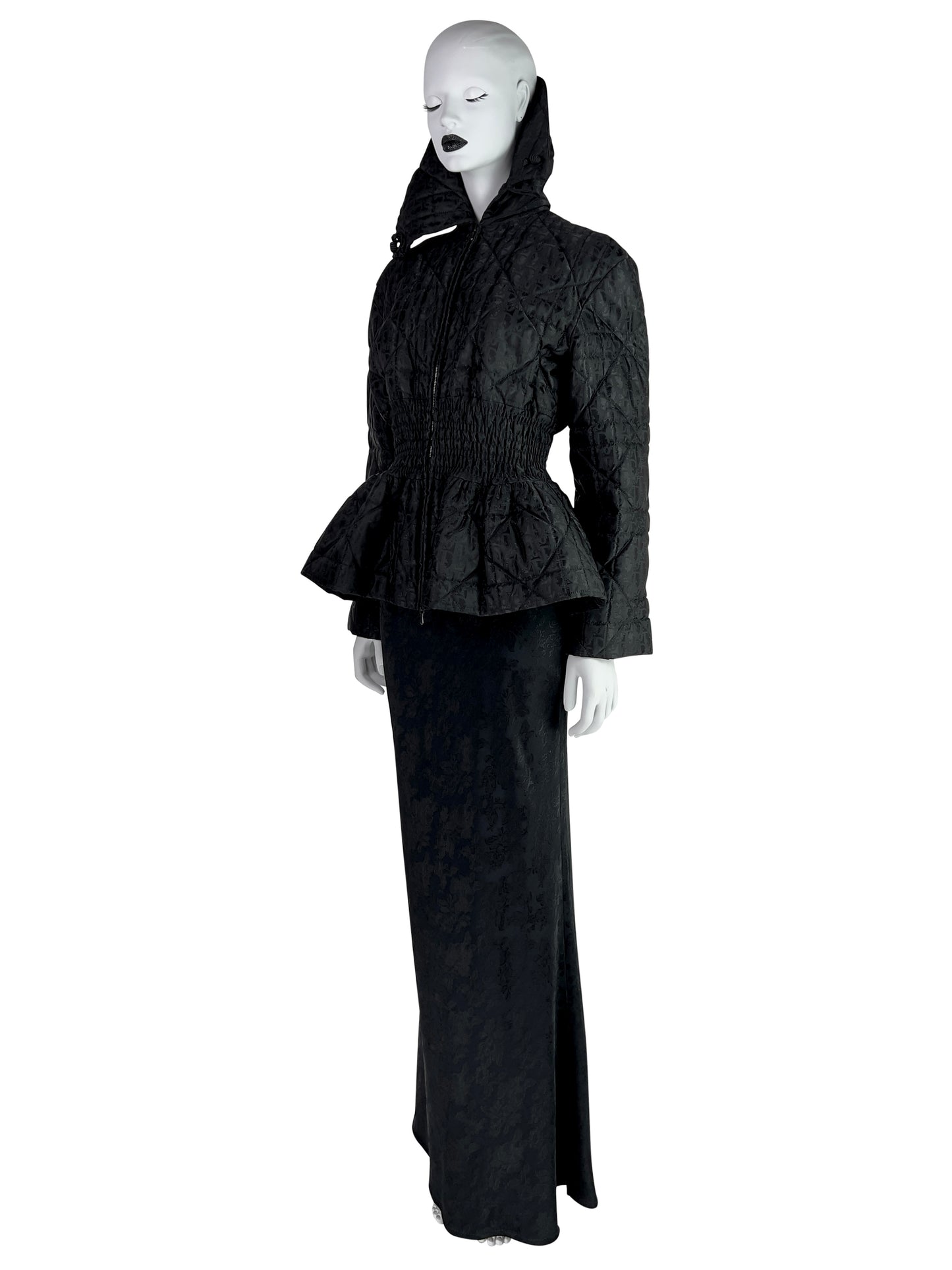 Dior by John Galliano Fall 1998 Black Peplum Monogram Jacket and Jacquard Evening Skirt Runway Ensemble