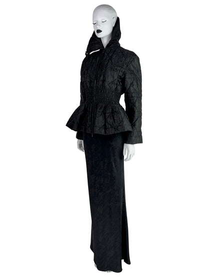 Dior by John Galliano Fall 1998 Black Peplum Monogram Jacket and Jacquard Evening Skirt Runway Ensemble