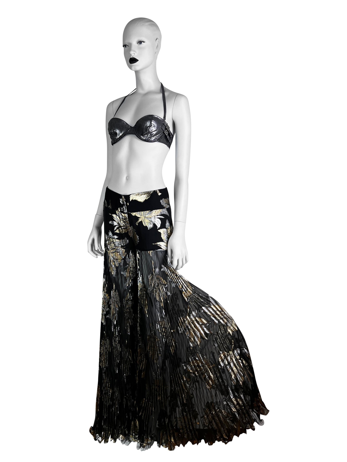 Dolce & Gabbana Fall 2000 Lamé Brocade Black Chiffon Silk Pleated Evening Trousers