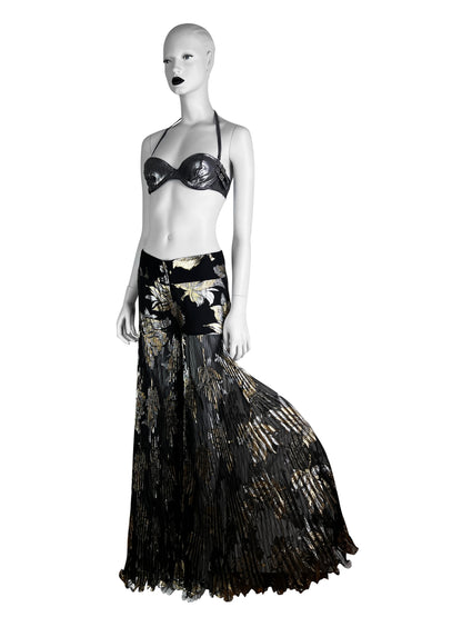 Dolce & Gabbana Fall 2000 Lamé Brocade Black Chiffon Silk Pleated Evening Trousers