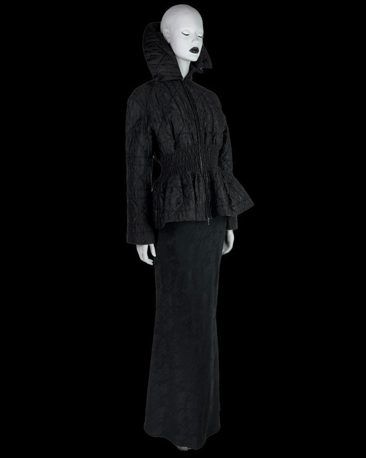 Dior by John Galliano Fall 1998 Black Peplum Monogram Jacket and Jacquard Evening Skirt Runway Ensemble