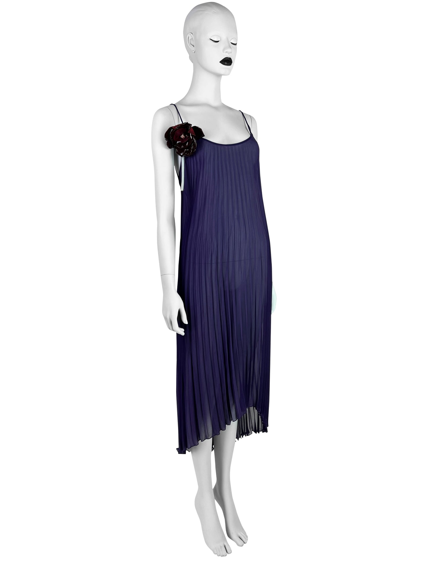 Dolce & Gabbana Fall 2000 Purple Pleated Silk Dress with Leather Flower & Matching Stola