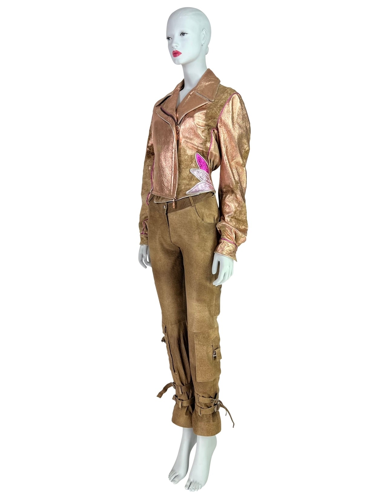 Roberto Cavalli Spring 2002 Rose Gold Suede Leather Moto Jacket
