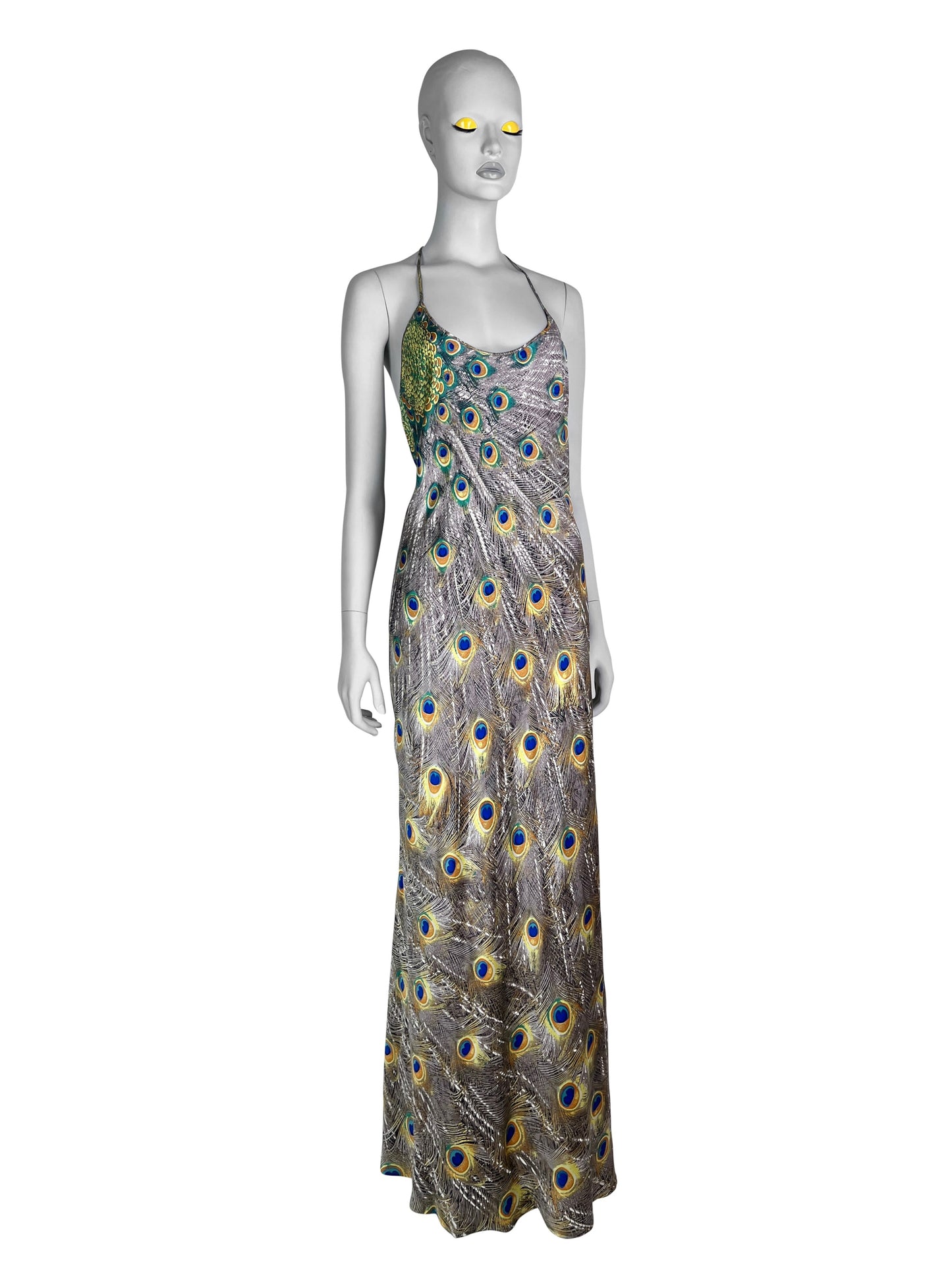 Roberto Cavalli Fall 1999 Peacock Print Bias Cut Silk Gown