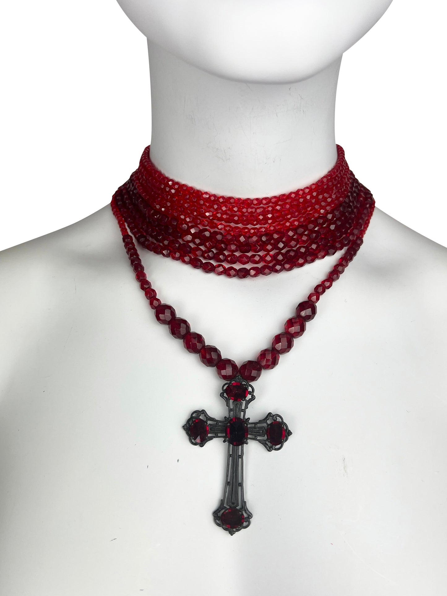 Jean-Paul Gaultier Fall 1998 Red Glass Bead Multi-Strand Choker Necklace with Cross