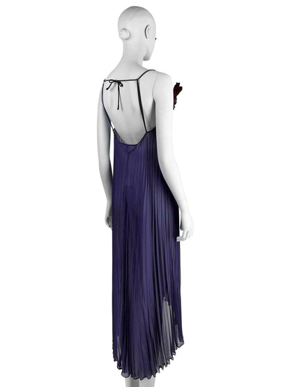 Dolce & Gabbana Fall 2000 Purple Pleated Silk Dress with Leather Flower & Matching Stola