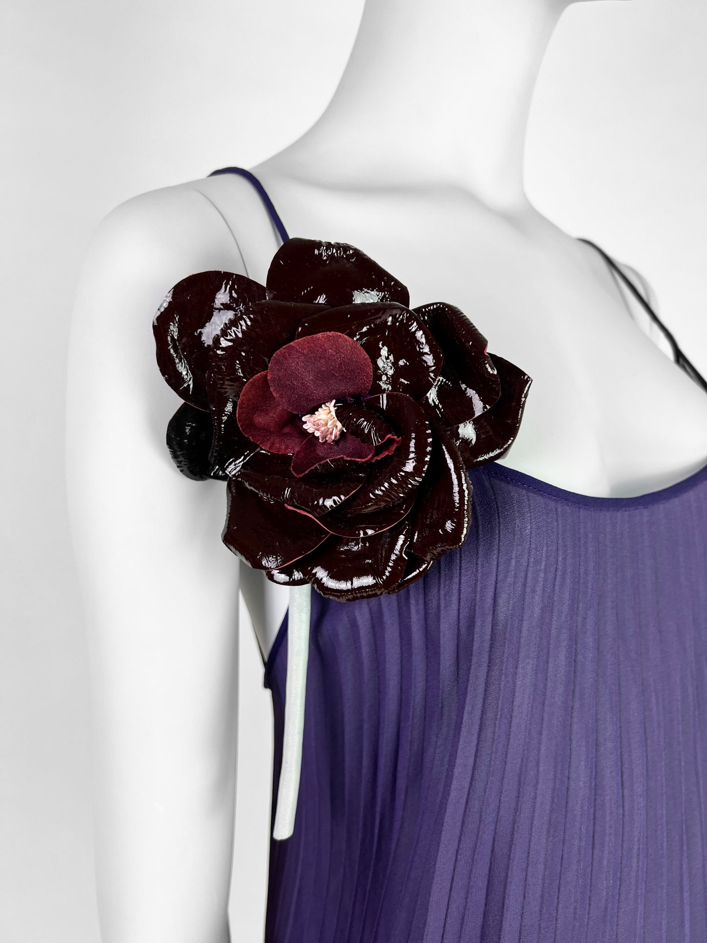 Dolce & Gabbana Fall 2000 Purple Pleated Silk Dress with Leather Flower & Matching Stola