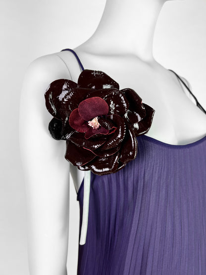 Dolce & Gabbana Fall 2000 Purple Pleated Silk Dress with Leather Flower & Matching Stola