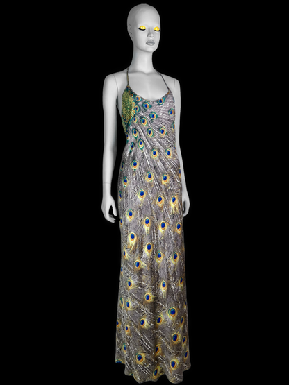 Roberto Cavalli Fall 1999 Peacock Print Bias Cut Silk Gown