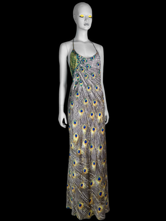 Roberto Cavalli Fall 1999 Peacock Print Bias Cut Silk Gown