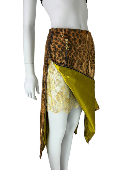 Dior by John Galliano Fall 2000 Layered Leopard Print Denim and Lace Skirt