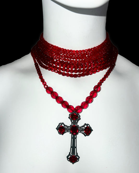 Jean-Paul Gaultier Fall 1998 Red Glass Bead Multi-Strand Choker Necklace with Cross