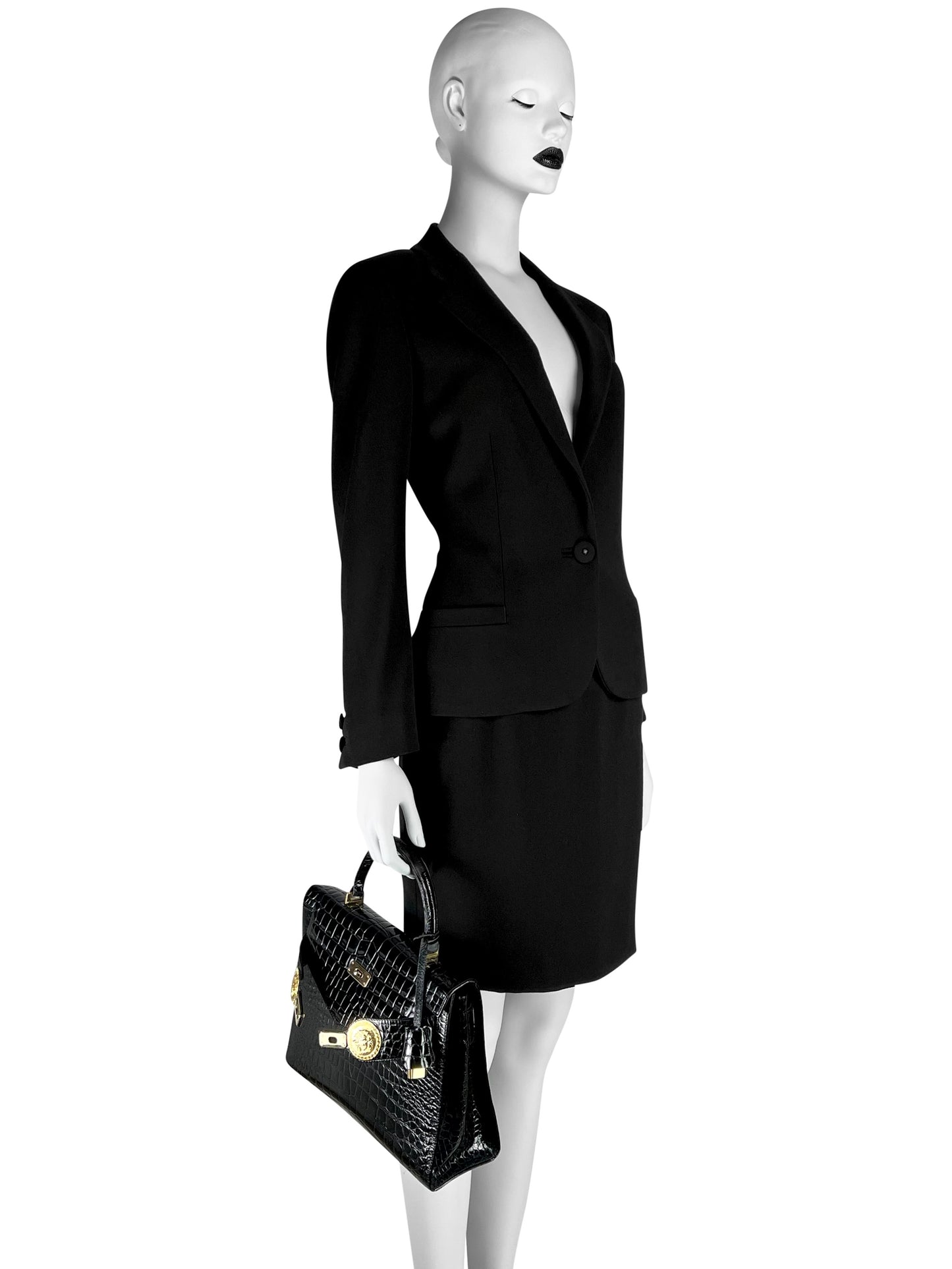 Gianni Versace Couture 1993 Classic Black Wool Skirt Suit with Medusa Button Detail