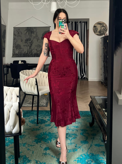 John Galliano Spring 1998 Wine Red Sweetheart Midi Dress