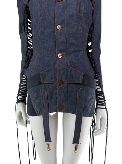 Jean Paul Gaultier Spring 2004 Runway Lace-Up Denim Jacket / Micro Dress