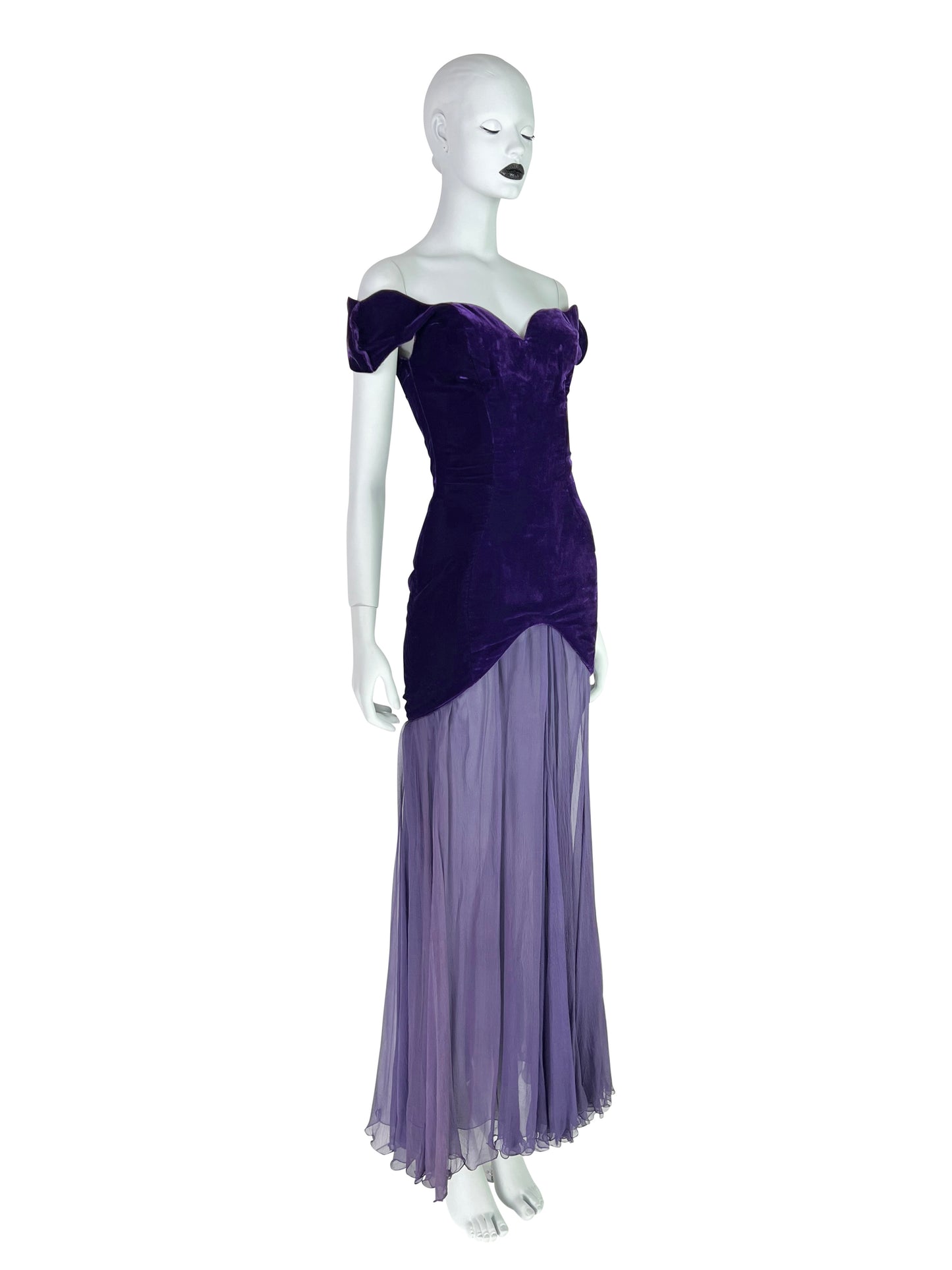 Thierry Mugler Circa 1980 Ultra-Rare Demi-Couture Velvet & Chiffon Purple Gown
