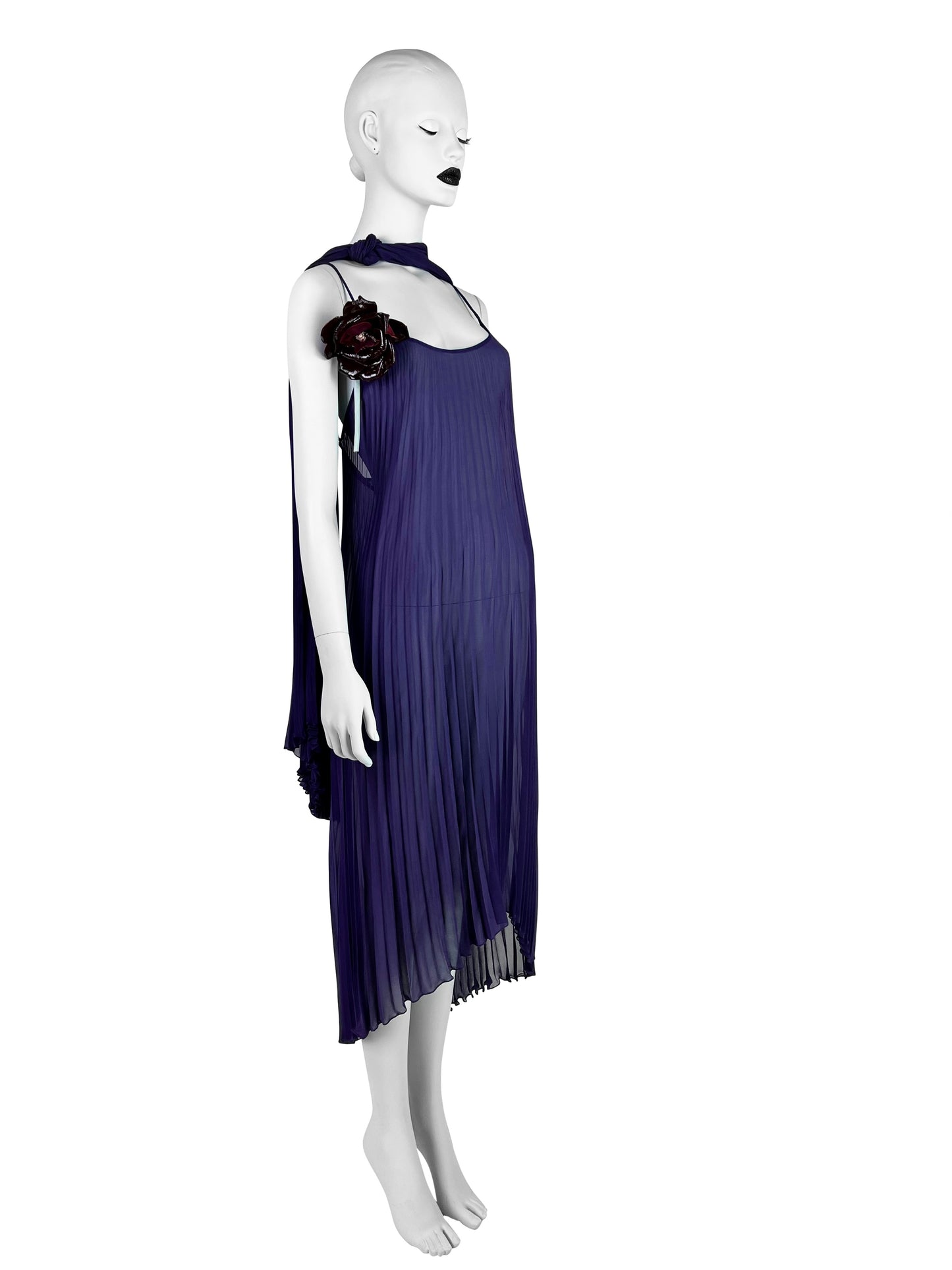 Dolce & Gabbana Fall 2000 Purple Pleated Silk Dress with Leather Flower & Matching Stola