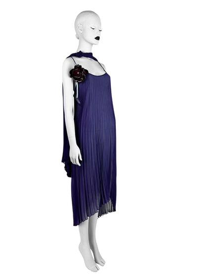 Dolce & Gabbana Fall 2000 Purple Pleated Silk Dress with Leather Flower & Matching Stola
