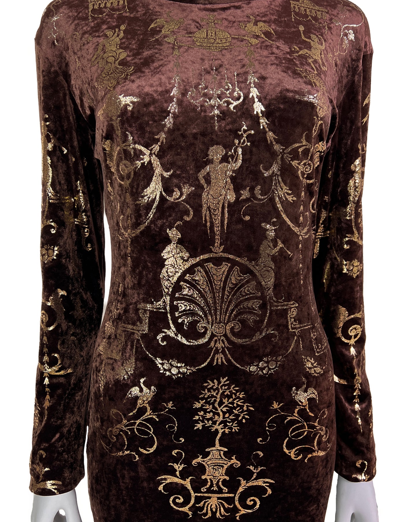 Vivienne Westwood Fall 1990 “Portrait Collection” Foiled “Boulle” Printed Velvet Bodycon Dress