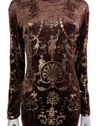 Vivienne Westwood Fall 1990 “Portrait Collection” Foiled “Boulle” Printed Velvet Bodycon Dress