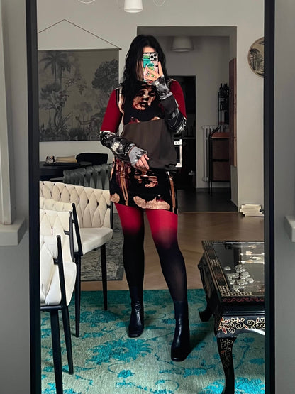Jean-Paul Gaultier Fall 1997 Silk Tube Dress with Face Print Velvet Panels
