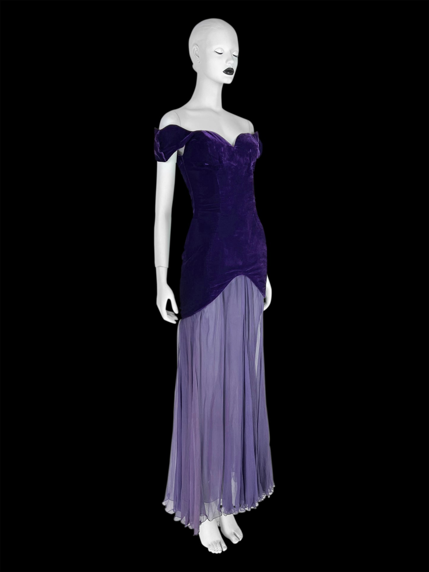 Thierry Mugler Circa 1980 Ultra-Rare Demi-Couture Velvet & Chiffon Purple Gown