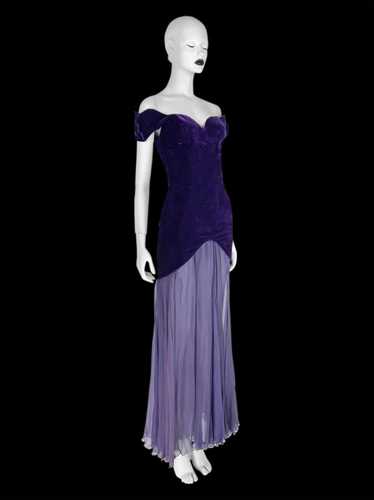 Thierry Mugler Circa 1980 Ultra-Rare Demi-Couture Velvet & Chiffon Purple Gown
