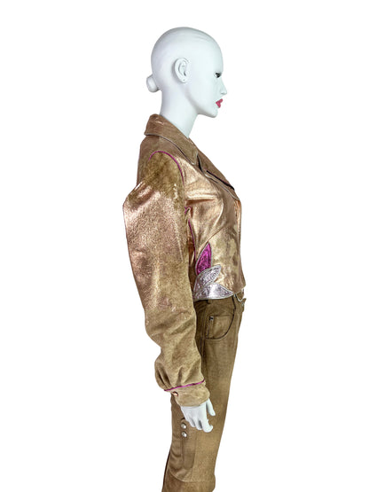 Roberto Cavalli Spring 2002 Rose Gold Suede Leather Moto Jacket