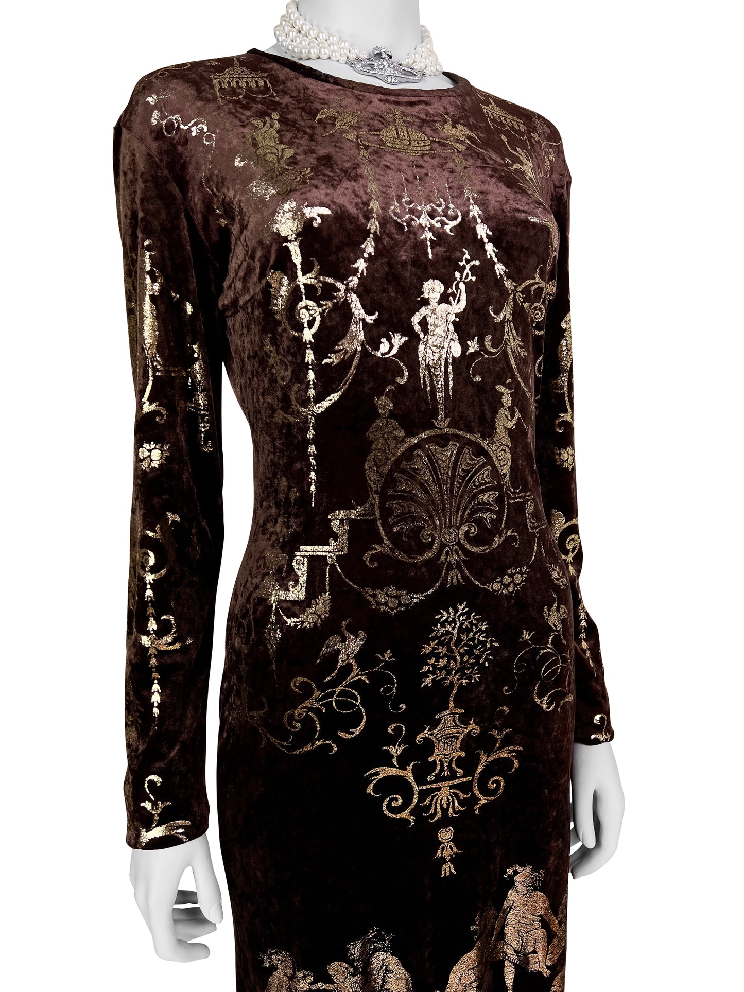 Vivienne Westwood Fall 1990 “Portrait Collection” Foiled “Boulle” Printed Velvet Bodycon Dress