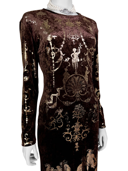 Vivienne Westwood Fall 1990 “Portrait Collection” Foiled “Boulle” Printed Velvet Bodycon Dress