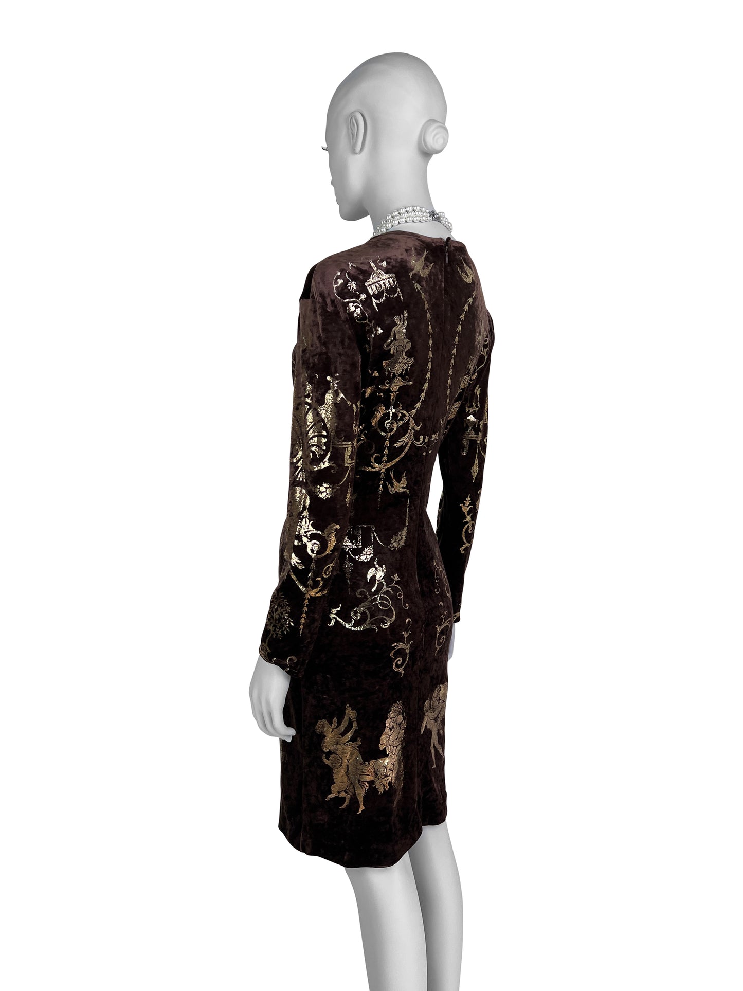 Vivienne Westwood Fall 1990 “Portrait Collection” Foiled “Boulle” Printed Velvet Bodycon Dress