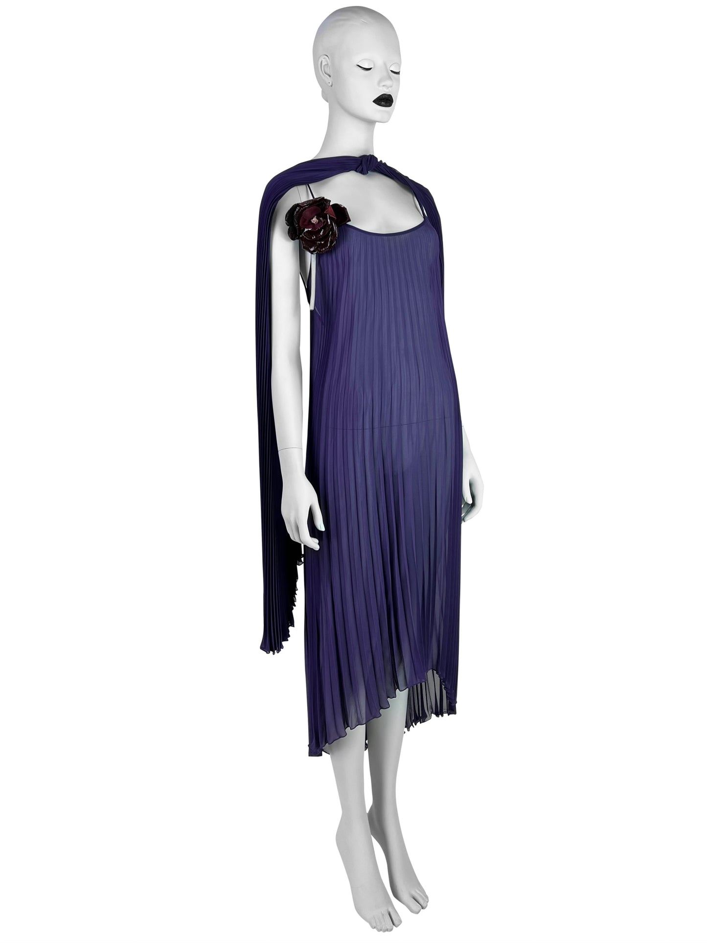Dolce & Gabbana Fall 2000 Purple Pleated Silk Dress with Leather Flower & Matching Stola