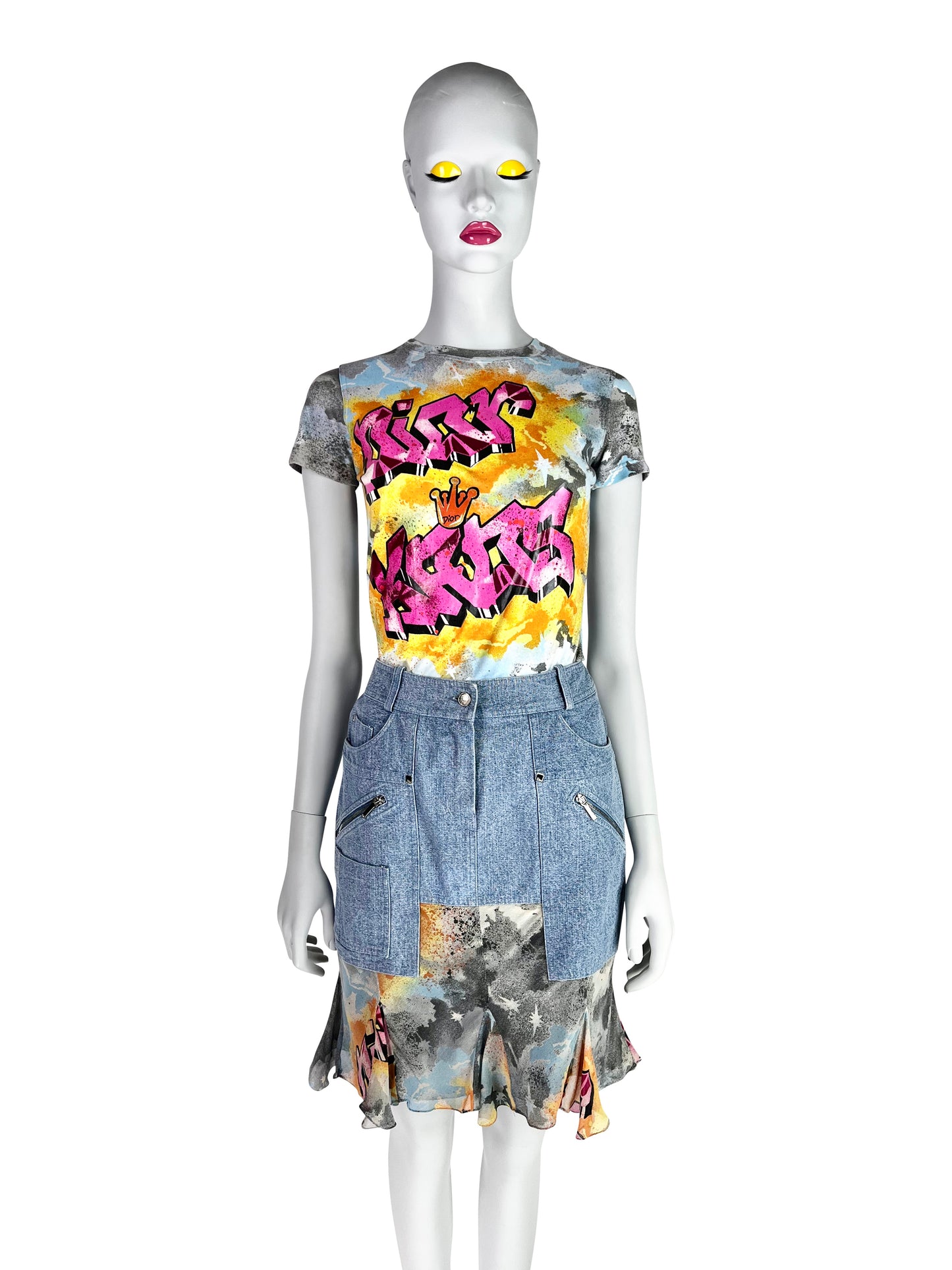 Dior by John Galliano Spring 2004 “Dior Kaos” Printed T-Shirt and Skirt Ensemble